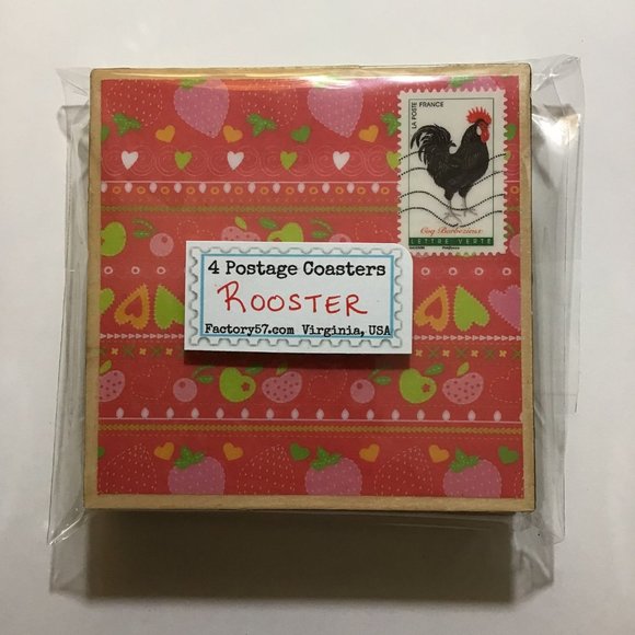 Rooster Coasters, 4 pack, Postage Stamp Wood Coaster Set with Cork Backing, Drin - Picture 2 of 8